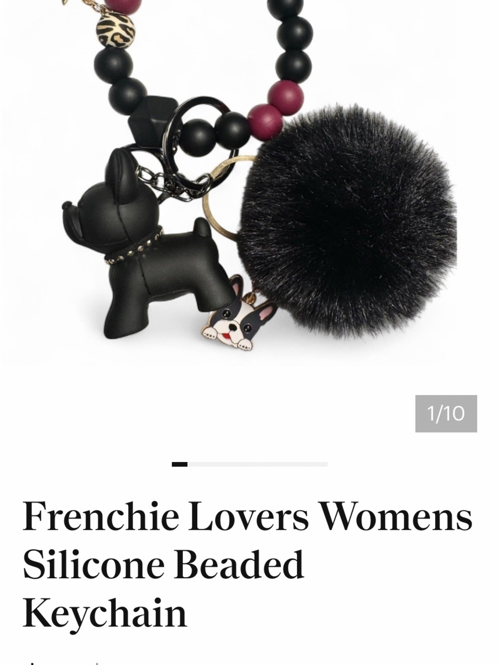 Black & Burgundy Frenchie Pom Pom Beaded Keychain - Picture 5 of 6